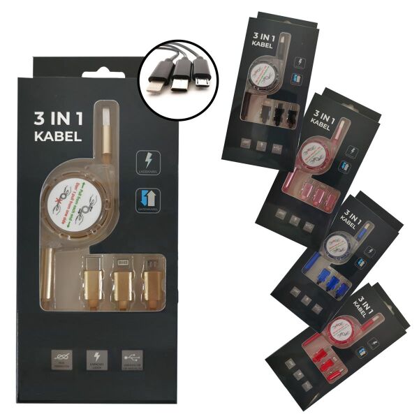 3in1 Ladekabel mit Rückziehautomatik